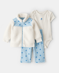 Conjunto tres piezas chaqueta de borreguito, body y pantalón floral azul