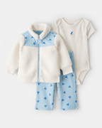 Conjunto tres piezas chaqueta de borreguito, body y pantalón floral azul