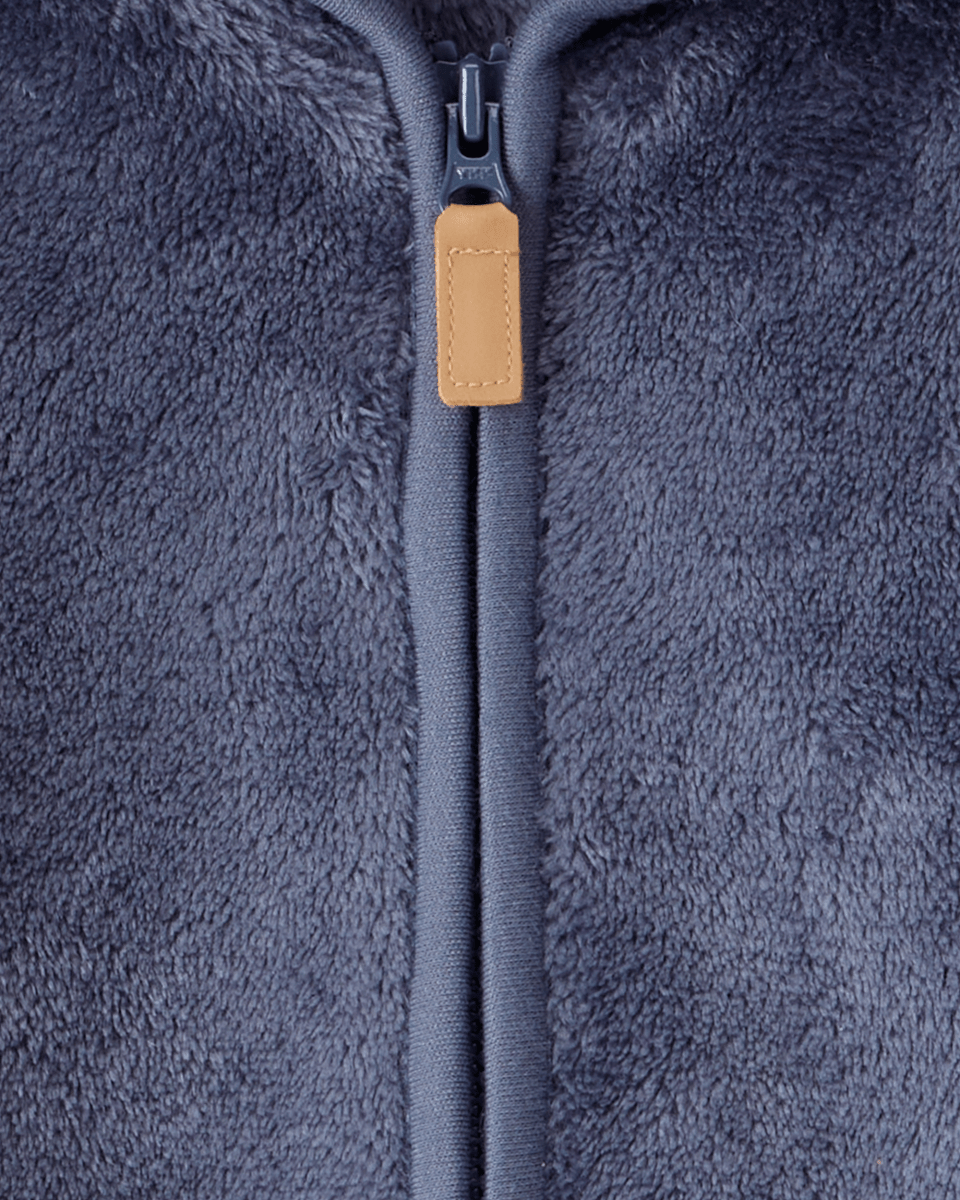 Conjunto tres piezas chaqueta de felpa con cremallera, body y pantalón azul marino