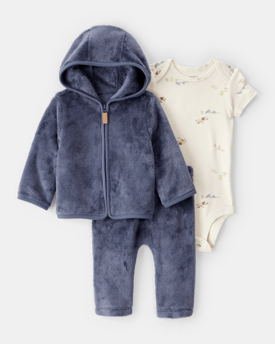 Conjunto tres piezas chaqueta de felpa con cremallera, body y pantalón azul marino