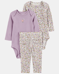 Conjunto tres piezas con dos bodies de algodón y calza con volantes, diseño floral