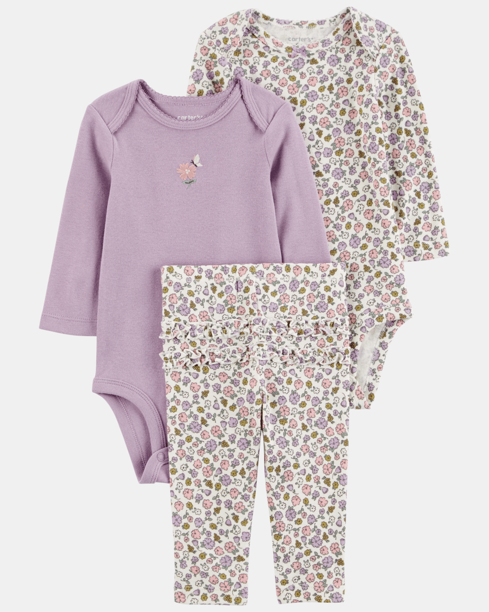 Conjunto tres piezas con dos bodies de algodón y calza con volantes, diseño floral
