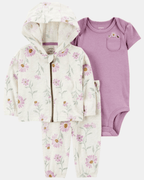 Conjunto tres piezas de algodón, chaqueta, pantalón y body, diseño floral