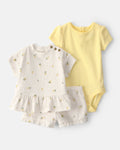 Conjunto tres piezas de algodón con blusa, body y pantalón corto diseño limones