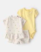 Conjunto tres piezas de algodón con blusa, body y pantalón corto diseño limones