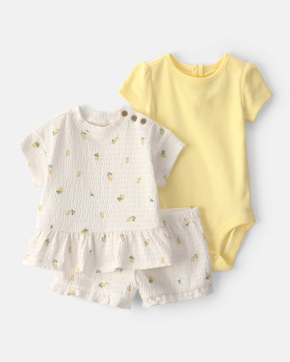 Conjunto tres piezas de algodón con blusa, body y pantalón corto diseño limones