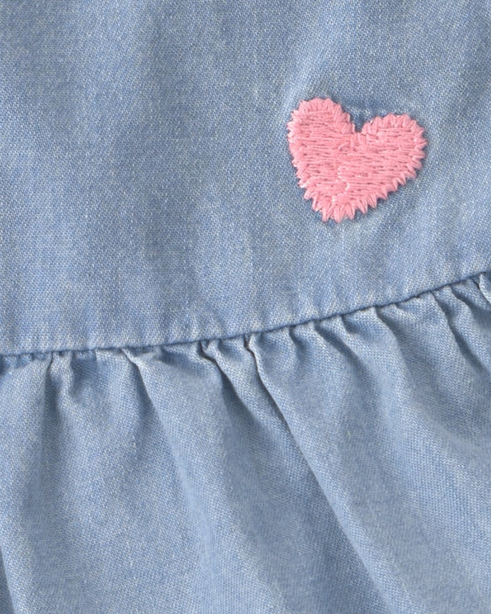 Conjunto tres piezas de algodón con blusa chambray, body y pantalón corto con diseño cerezas