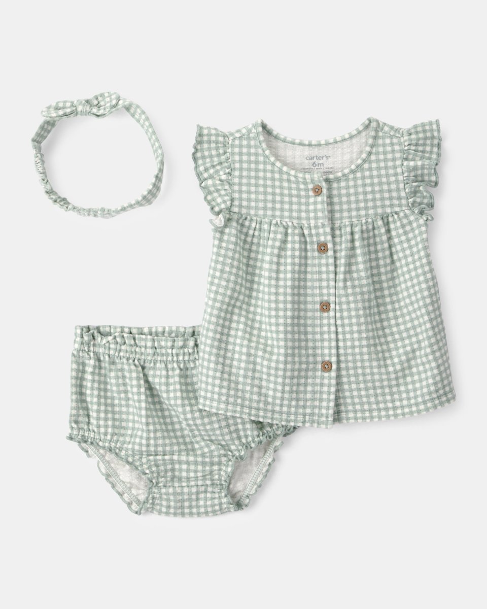 Conjunto tres piezas de algodón con blusa, pantalón corto y lazo, diseño vichy