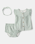 Conjunto tres piezas de algodón con blusa, pantalón corto y lazo, diseño vichy