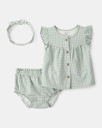 Conjunto tres piezas de algodón con blusa, pantalón corto y lazo, diseño vichy