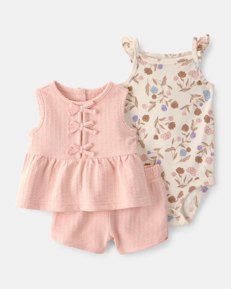 Conjunto tres piezas de algodón con blusa sin mangas, body y pantalón corto con diseño a rayas rosa