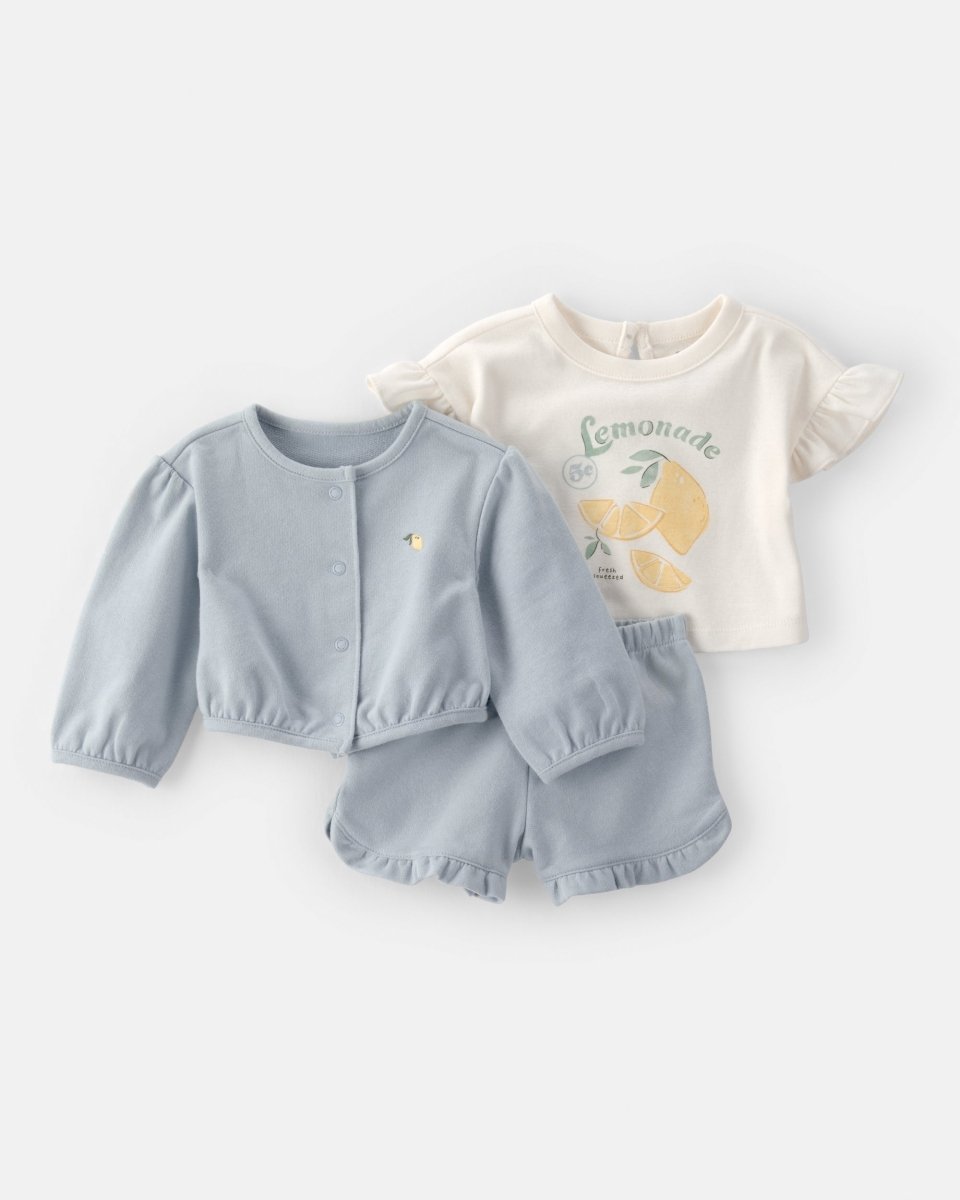 Conjunto tres piezas de algodón con blusa, cárdigan y pantalón corto con diseño limones