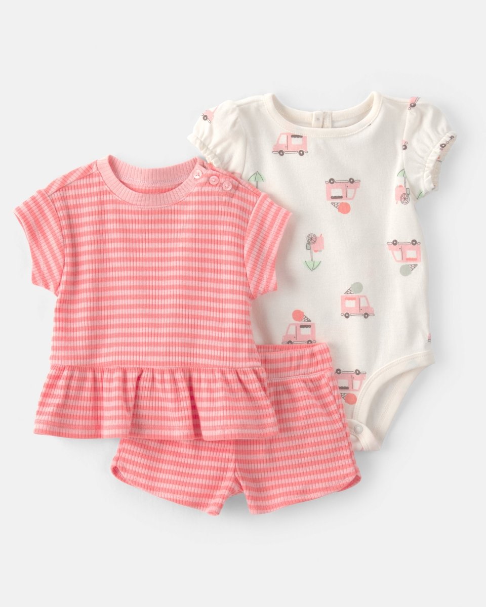 Conjunto tres piezas de algodón con camiseta, body y pantalón corto con diseño camiones de helado