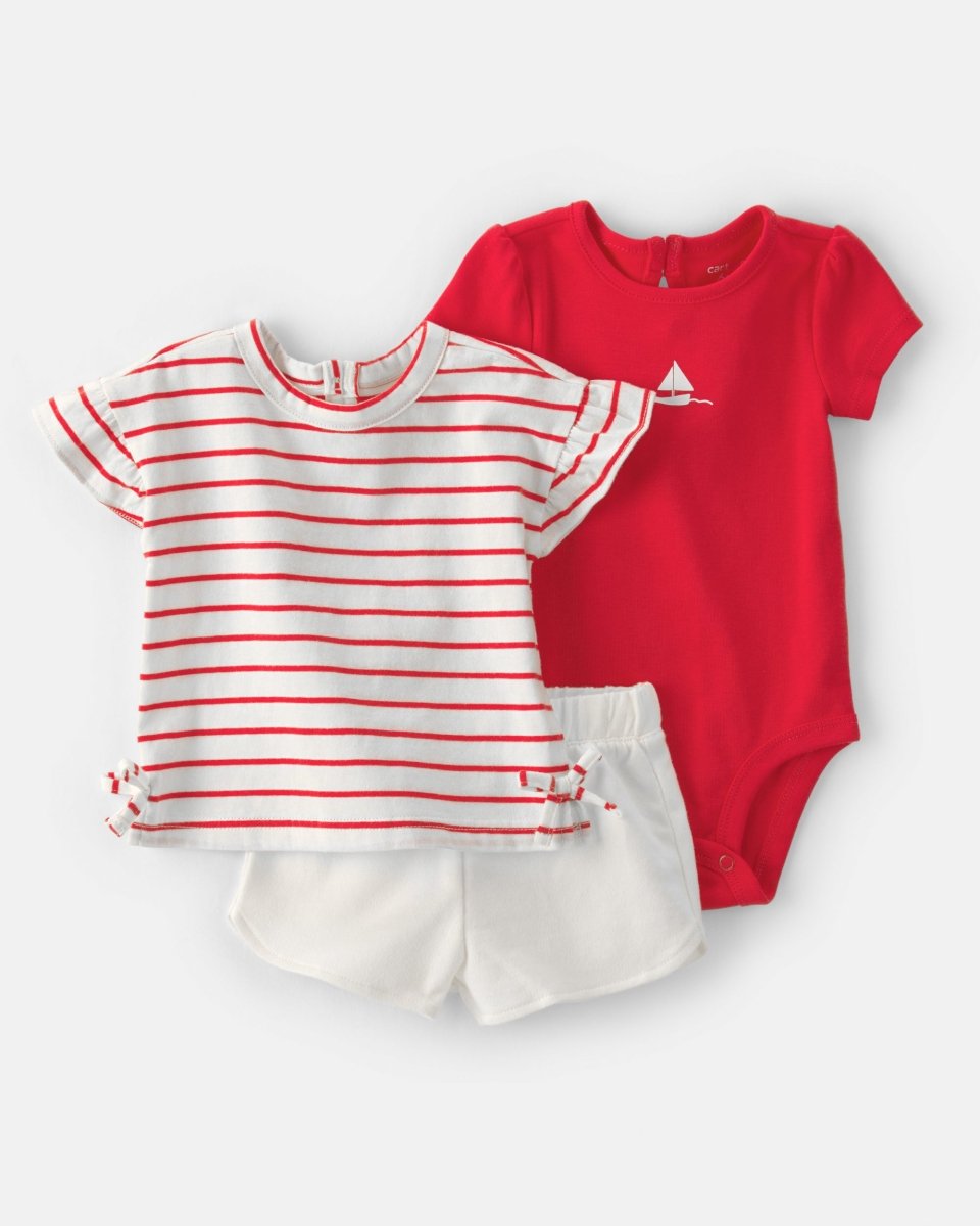 Conjunto tres piezas de algodón con camiseta, body y pantalón corto con diseño náutico
