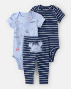 Conjunto tres piezas de algodón con dos bodies y pantalón, diseño animales marinos