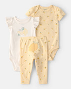Conjunto tres piezas de algodón con dos bodies y pantalón, diseño limones
