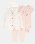 Conjunto tres piezas de algodón, pantalón, cárdigan con capucha y body