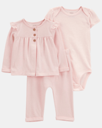 Conjunto tres piezas de algodón, pantalón, cárdigan y body, color rosa