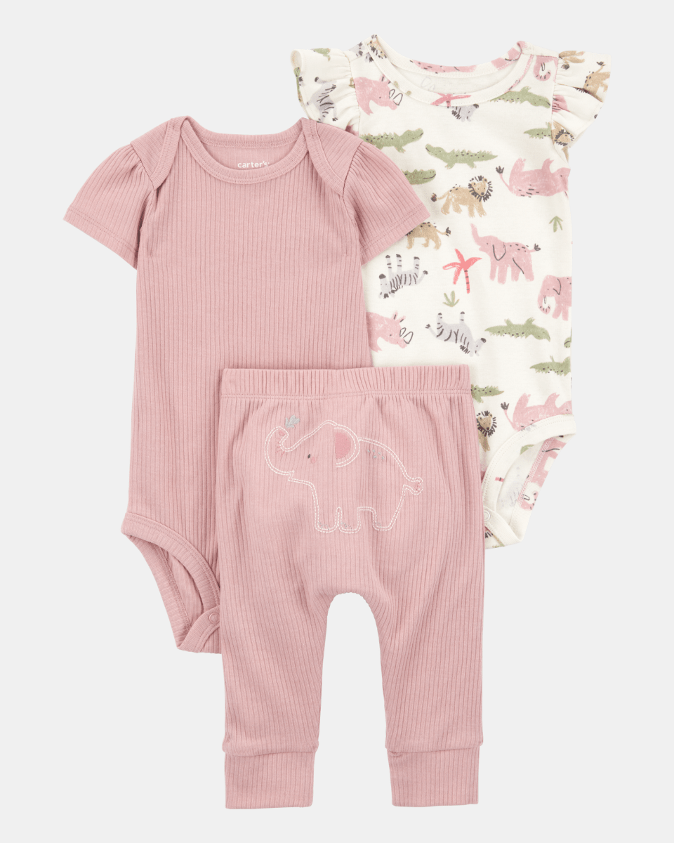 Conjunto tres piezas de algodón, pantalón y dos bodies, diseño elefantes