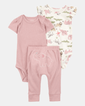 Conjunto tres piezas de algodón, pantalón y dos bodies, diseño elefantes