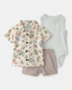 Conjunto tres piezas de lino y algodón camisa, body y pantalón corto con diseño desierto