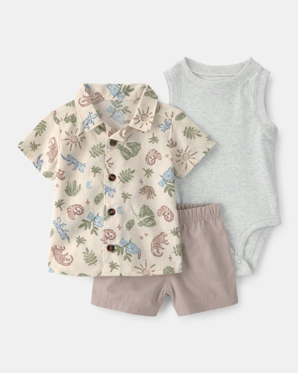 Conjunto tres piezas de lino y algodón camisa, body y pantalón corto con diseño desierto