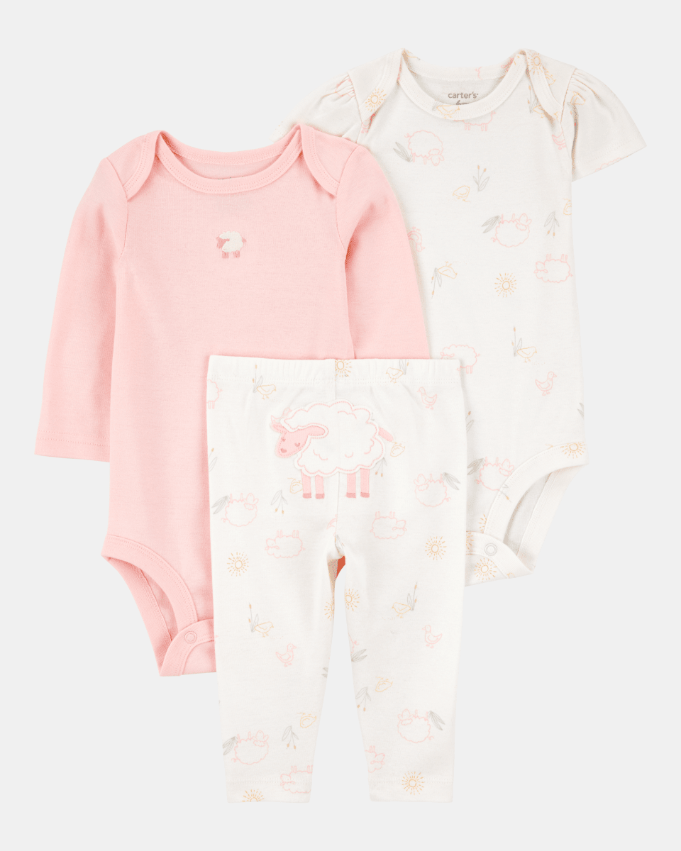 Conjunto tres piezas dos bodies y pantalón con diseño oveja