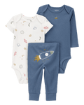 Conjunto tres piezas pantalón y dos bodies diseño cohete