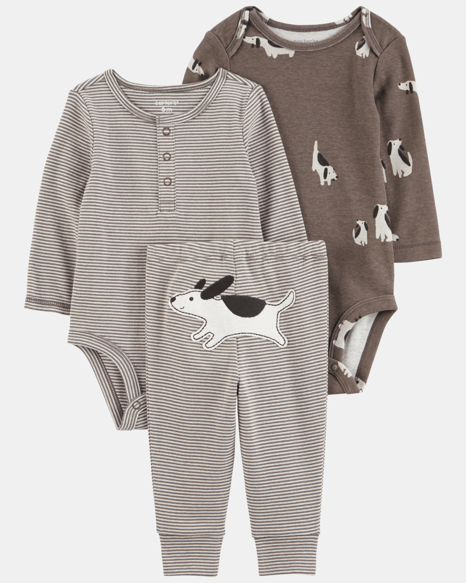 Conjunto tres piezas pantalón y dos bodies diseño de perro