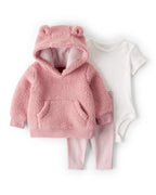 Conjunto tres piezas sudadera de borreguito con oso, body y leggings rosa