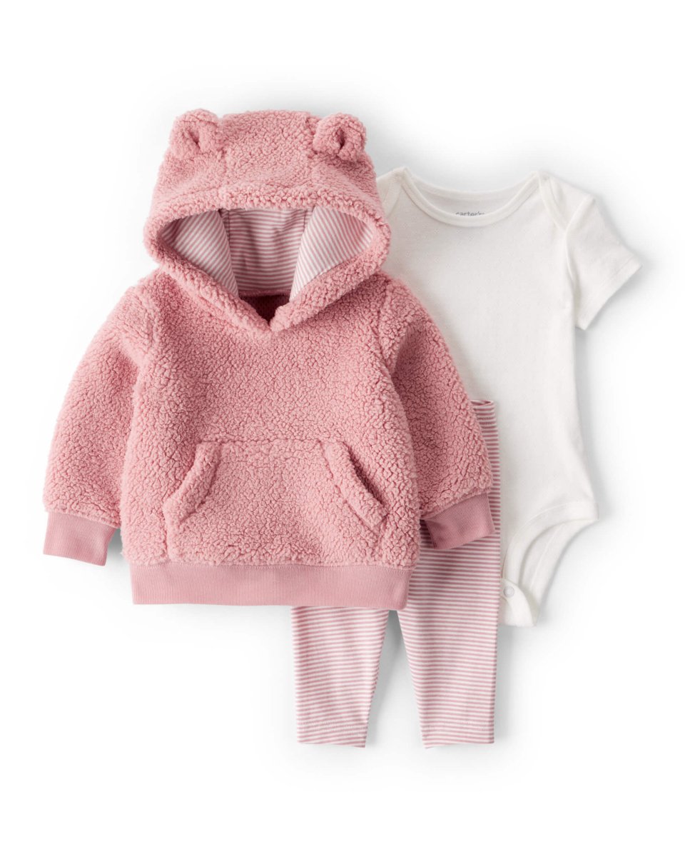 Conjunto tres piezas sudadera de borreguito con oso, body y leggings rosa