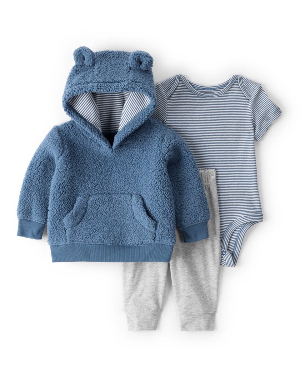 Conjunto tres piezas sudadera de borreguito con oso, body y pantalón azul