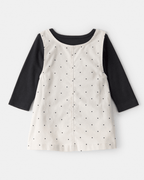 Conjunto tres piezas vestido con corazones, camiseta y leotardos marfil