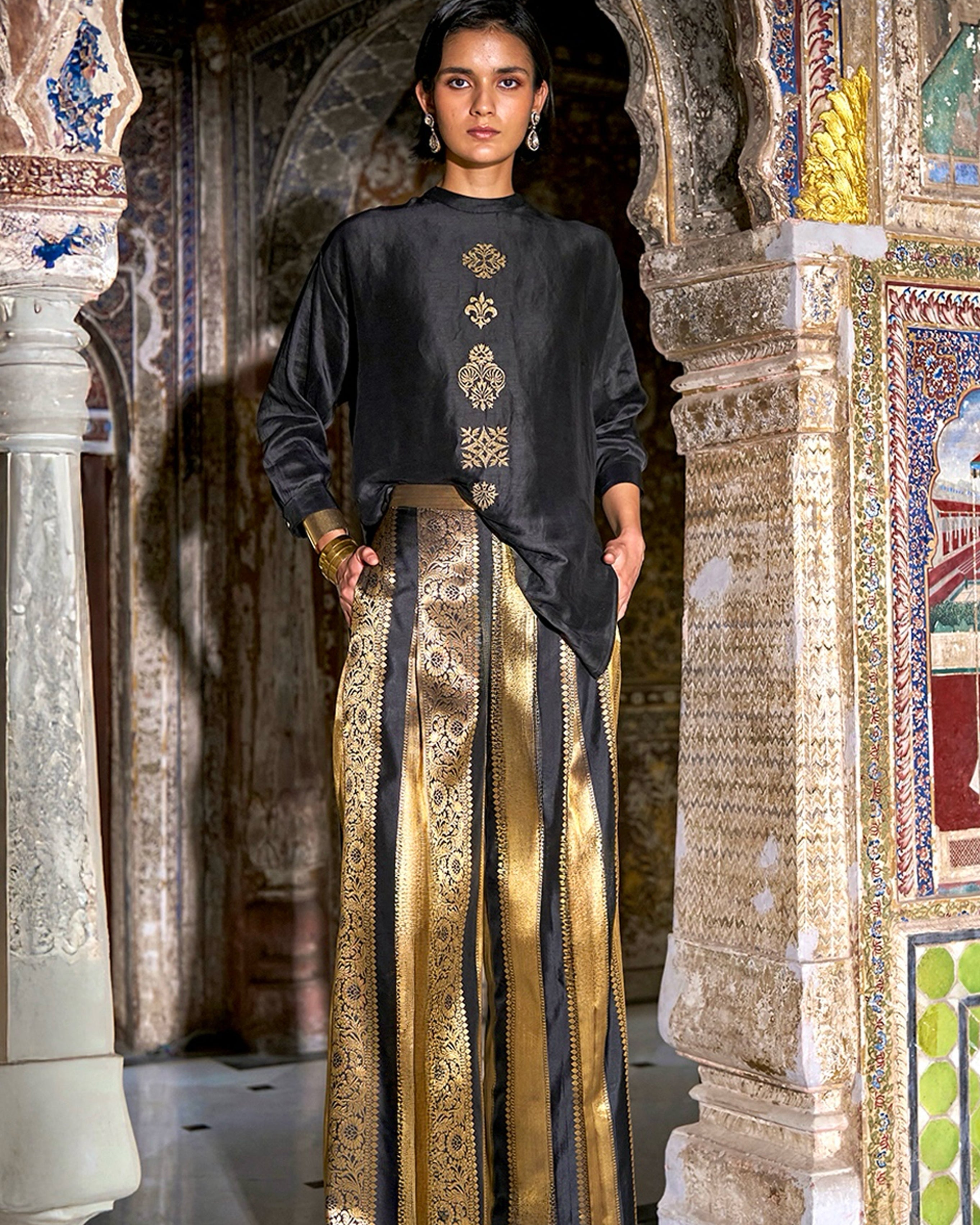 Embroidered Motif Boxy Shirt & Benares Brocade Striped Pant By KYNAH, Luxury Indian Fashion & Bridal Wear
