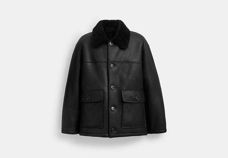 COACH® Men's Abrigo de borrego clásico en Negro, Talla Mediano
