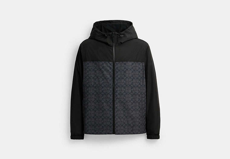 COACH® Men's Cortavientos de firma con cremallera completa en poliéster reciclado en Gris, Talla Mediano | Coton