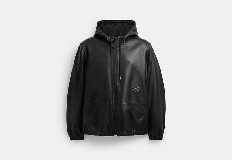 COACH® Men's Chaqueta de piel reversible en Negro, Talla Mediano
