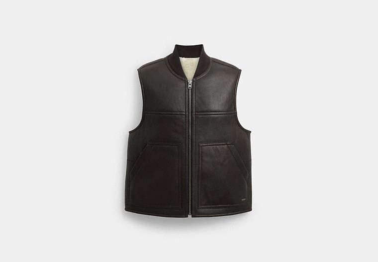 COACH® Men's Chaleco De Borreguillo Reversible en Castaño, Talla Mediano | Coton