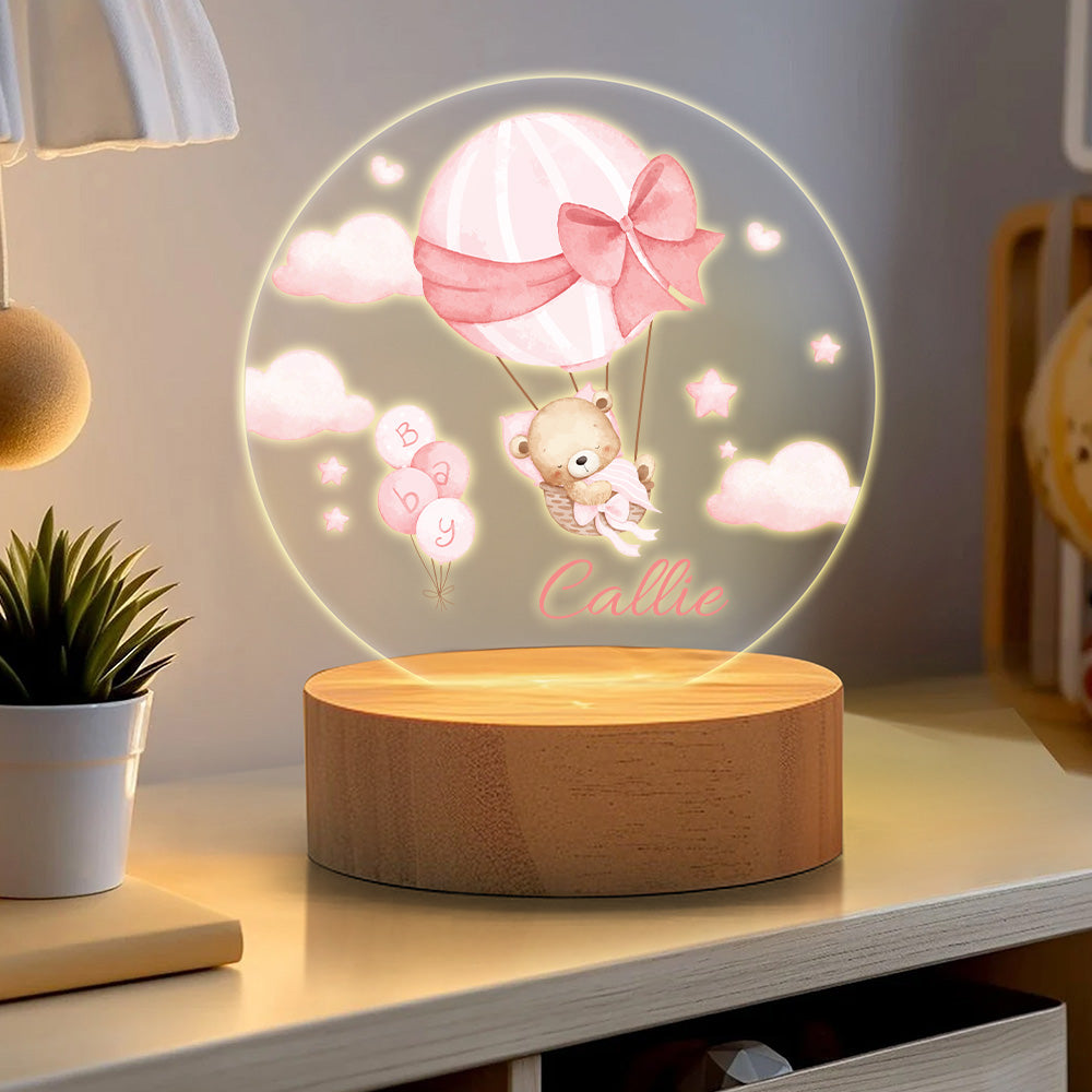 Globo de Aire Caliente Personalizado Lindo Osito de Peluche LED Luz de Noche con Nombre y Base de Madera Decoración de Guardería Regalo de Cumpleaños para Bebé Niño