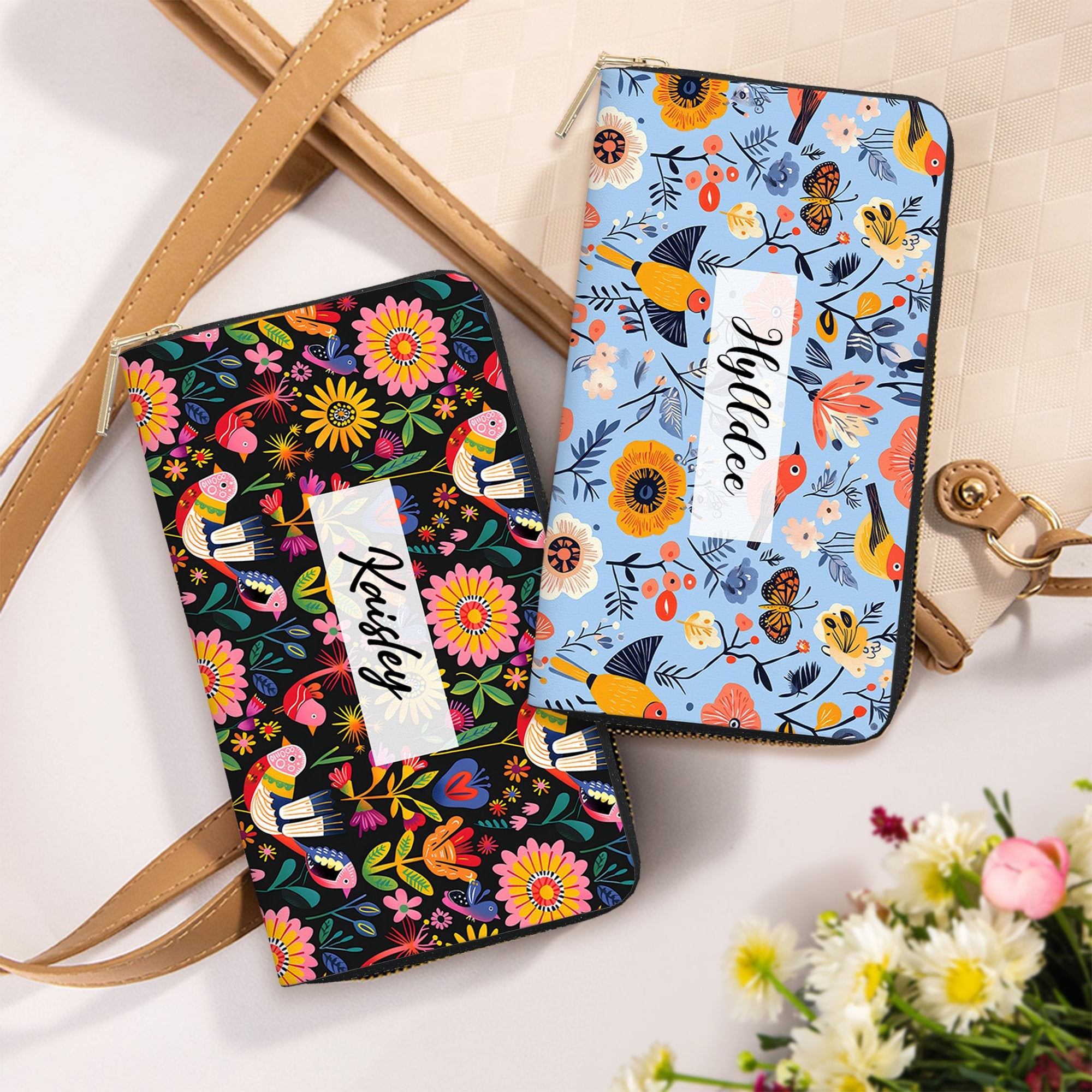 Personalizada Folk Art Flor Grande PU Cuero Nombre Cartera de Mano con Múltiples Compartimentos y Cremallera de Metal Cumpleaños Aniversario Regalo para Mujer