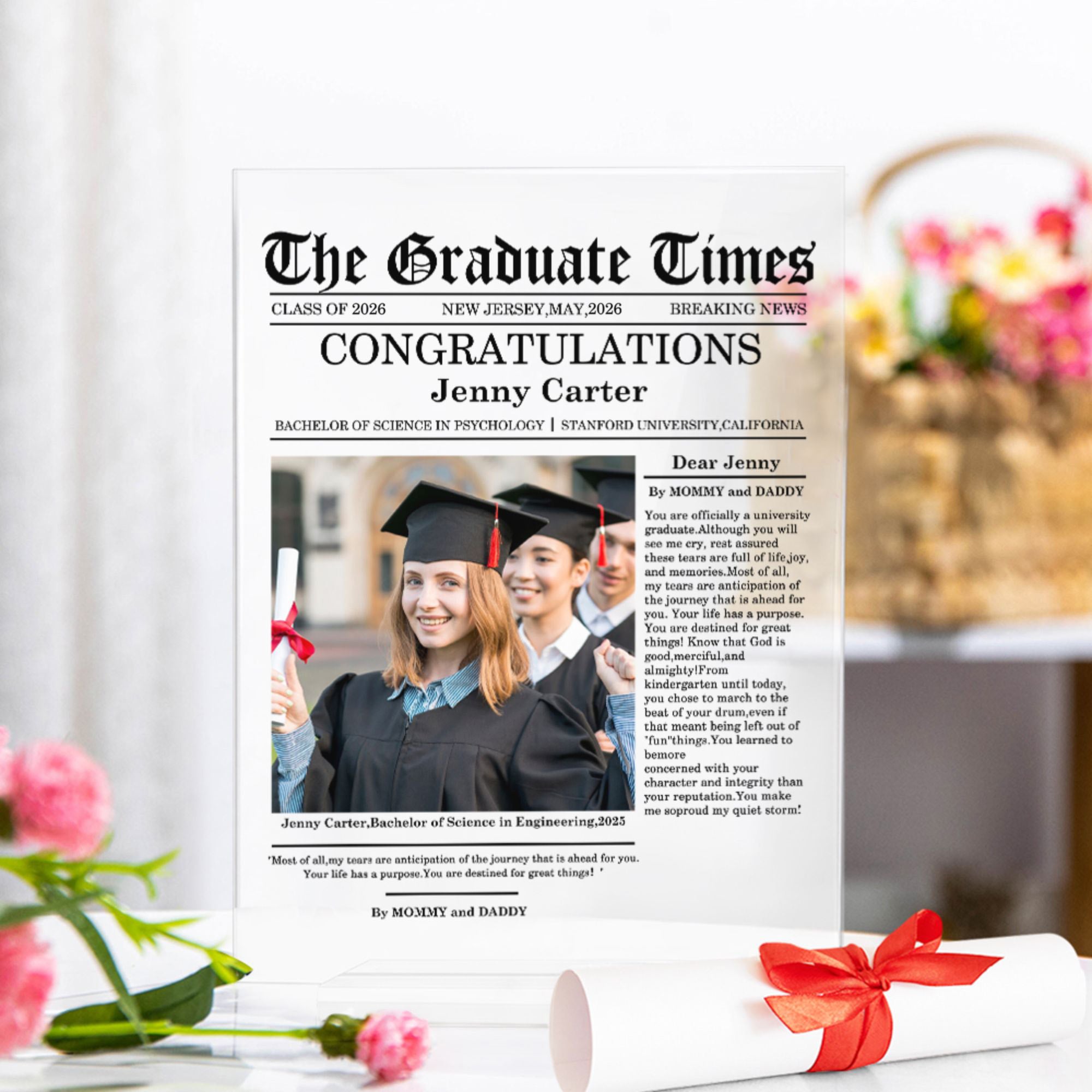 Personalizada Estilo Periódico Foto Padres Mensaje Acrílico Placa con Nombres Fecha y Base Decoración del Hogar Aniversario Graduación Regalo para Graduados