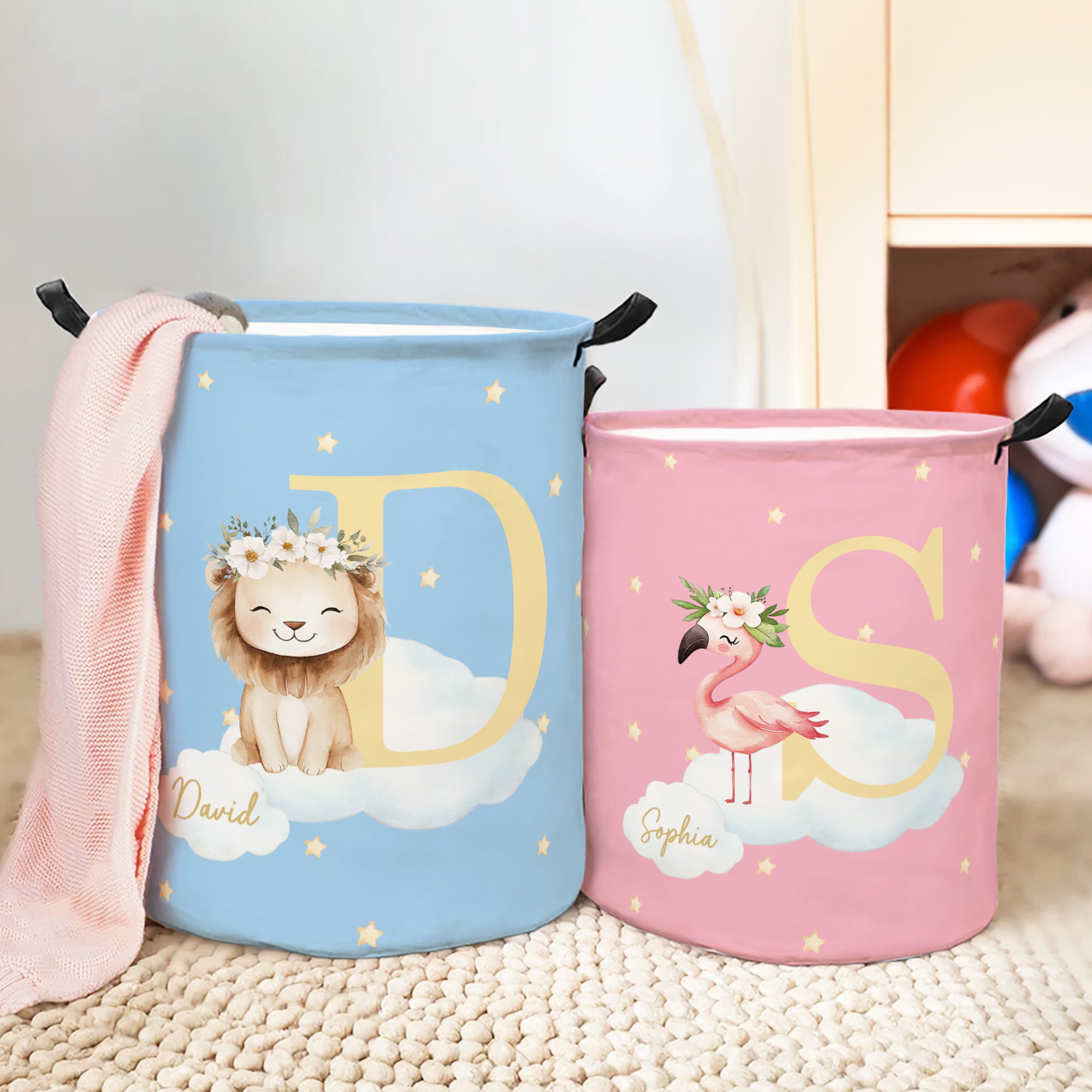 Corona de flores personalizada Animales Estrella Inicial Impermeable Cesto para ropa sucia con nombre y asa Regalo de inauguración de la casa para niños