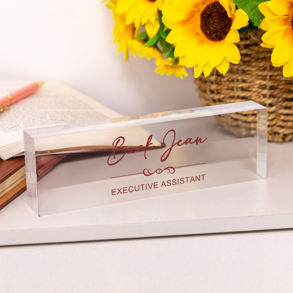 Personalizada de acrílico transparente placa de identificación con el texto Material de Oficina Decoración de escritorio Regalo de cumpleaños para el líder colega