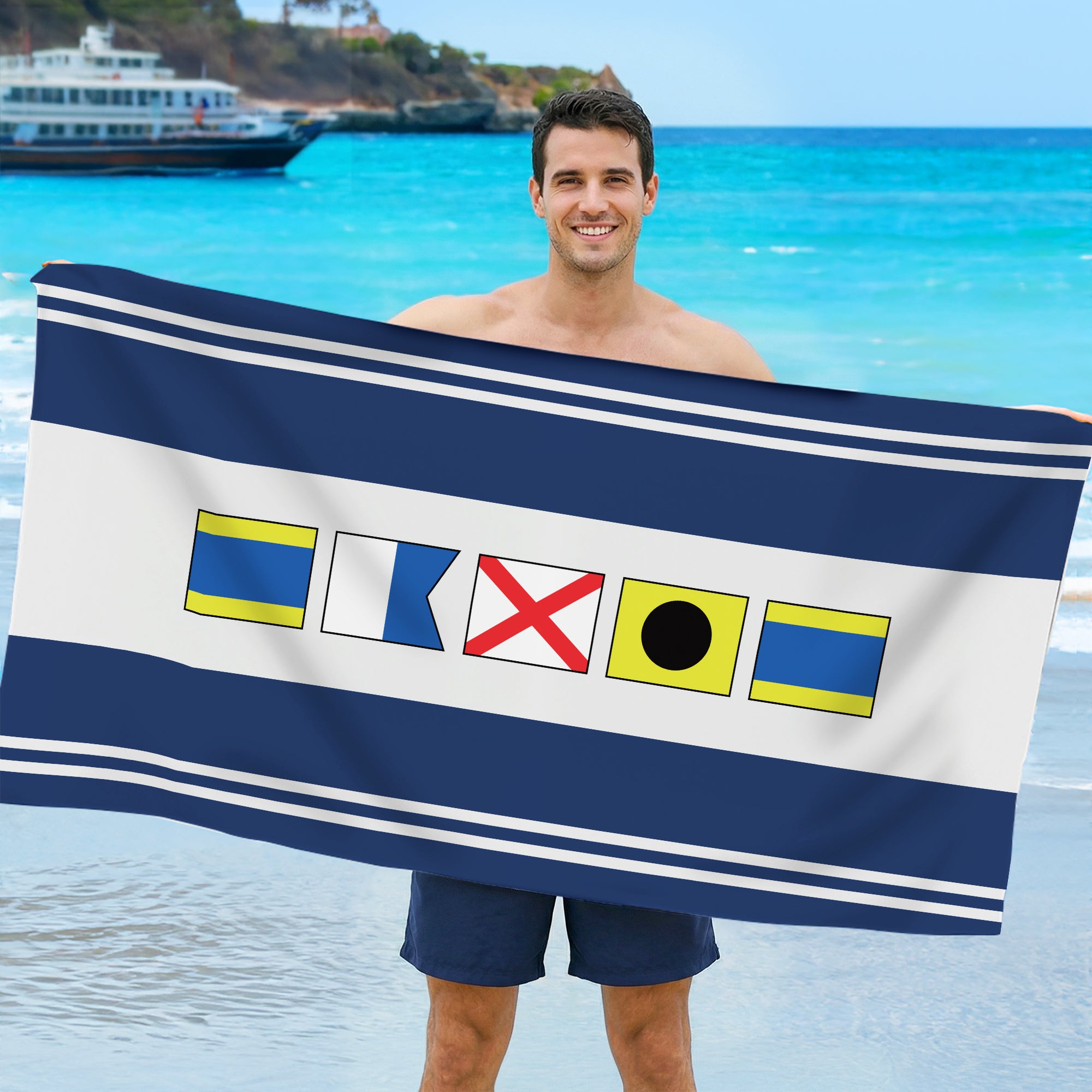 Toalla de playa de gran tamaño y secado rápido personalizada con bandera náutica y nombre Esenciales de viaje Regalo para fiesta de vacaciones de verano para amigos entusiastas de la vela