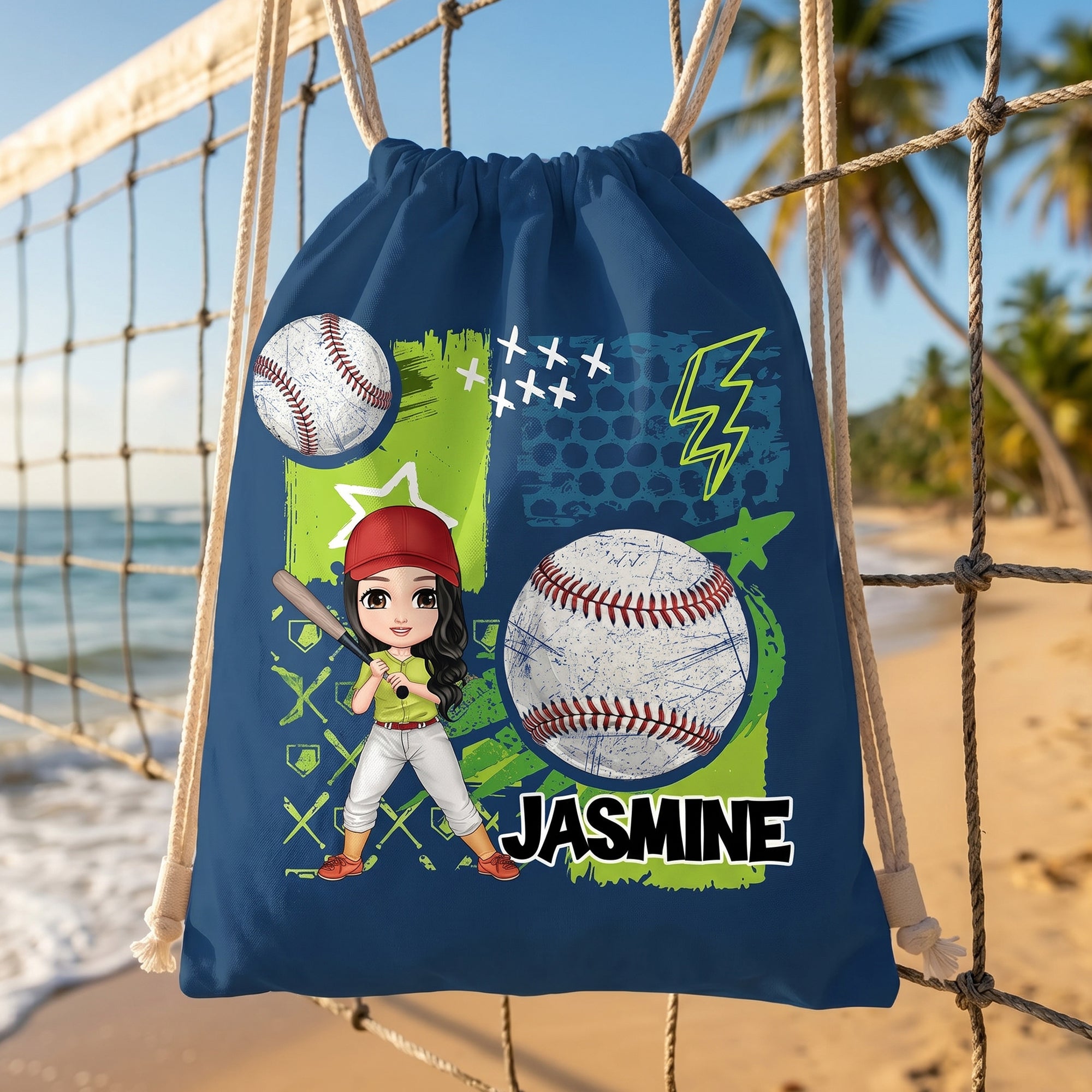 Mochila de playa con cordón personalizada multicolor de dibujos animados de deportes de pelota con nombre Fiesta de playa Regalo de cumpleaños para los amantes de los deportes de pelota