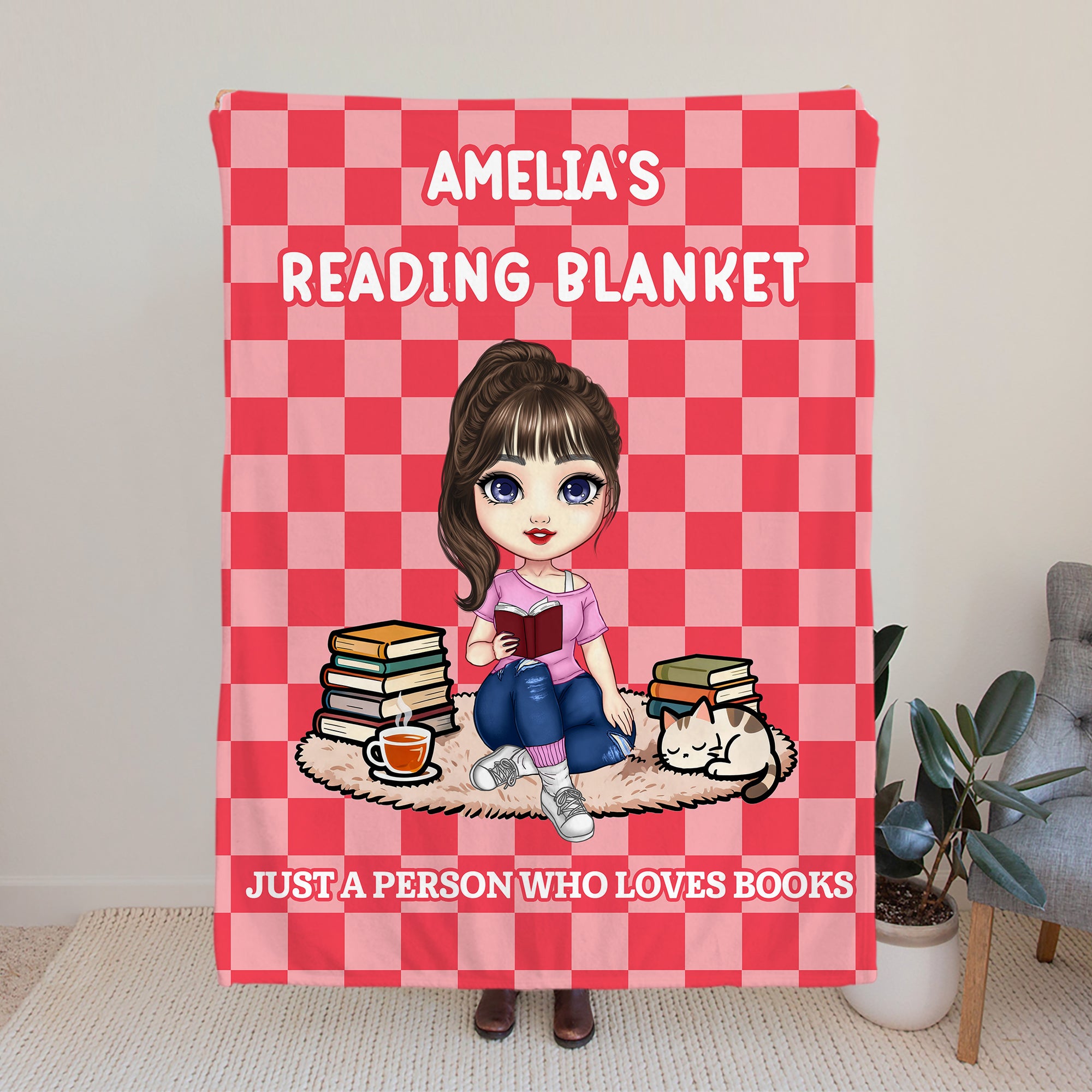 Personalizado Multicolor Checkerboard Cute Cartoon Character Soft Throw Blanket with Name Birthday Christmas Reading Gift for Book Lovers Ratones de biblioteca
