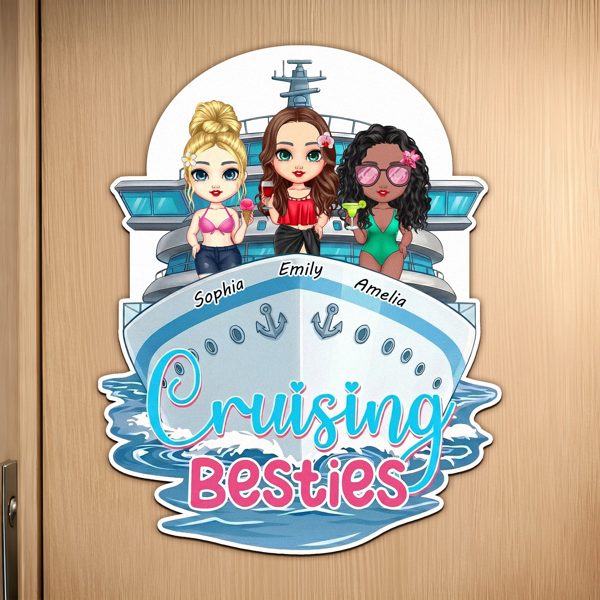 Imán de nevera personalizado con el nombre de una amiga de dibujos animados de un barco de crucero Decoración para el hogar Viaje de verano Regalo de cumpleaños para las mejores amigas