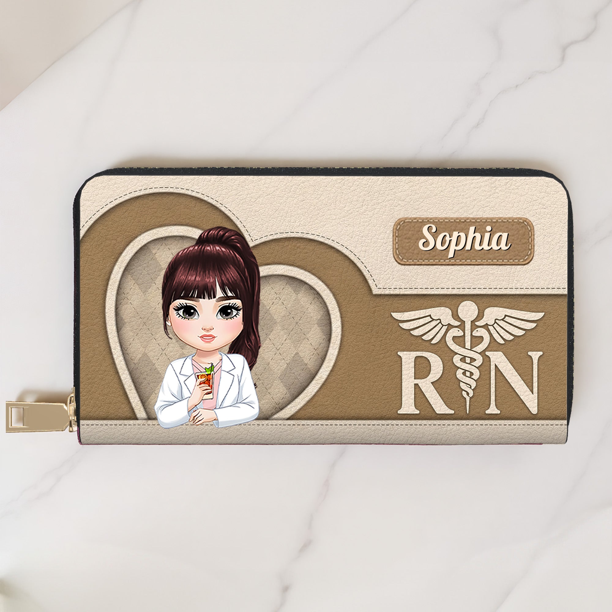 Personalizada Vintage Cartoon Enfermera Médico Cartera de cuero de la PU con el nombre y el texto de agradecimiento de cumpleaños de regalo para el personal médico