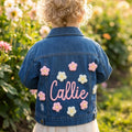 Chaqueta vaquera larga infantil personalizada con el nombre de la niña Flores lindas Cumpleaños Baby Shower Regalo para niñas