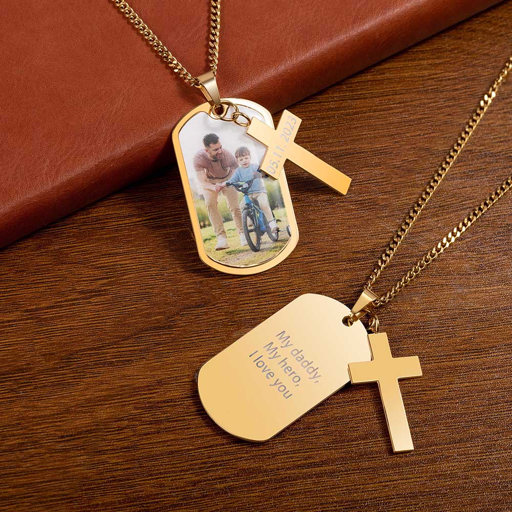 Personalizada Foto Cruz Dog Tag Collar con texto grabado Día del Padre Aniversario Cumpleaños Regalo para los hombres